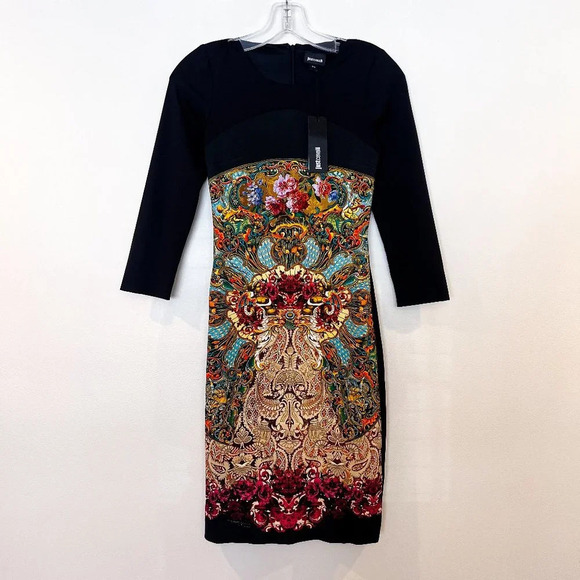 Just Cavalli Black Geometric Floral Designer Colorblock Bodycon Mini Dress XS - Picture 2 of 12